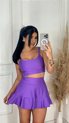 Conjunto Short e Saia+ Top Alça Reta Cor Roxo Amora