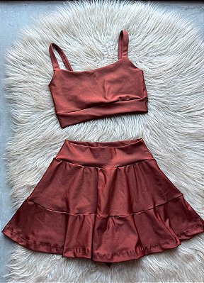 Conjunto Short e Saia+ Top Alça Reta Cor Cobre