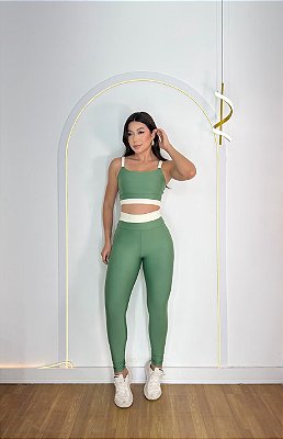 Conjunto Tamires Legging+Top Bicolor Cor Verde Oliva+Off