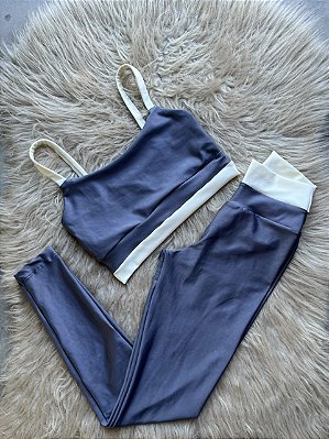 Conjunto Tamires Legging+Top Bicolor Cor Cinza+Off