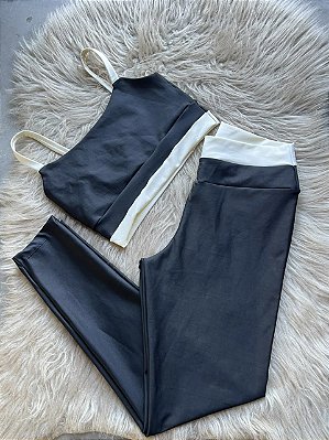 Conjunto Tamires Legging+Top Bicolor Cor Preto+Off