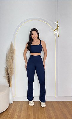 Conjunto Flare Legging+Top Alça Reta Cor Azul Marinho