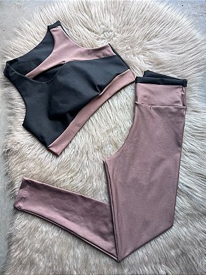 Conjunto Maria Legging+Top Bicolor Cor Cappuccino+Preto