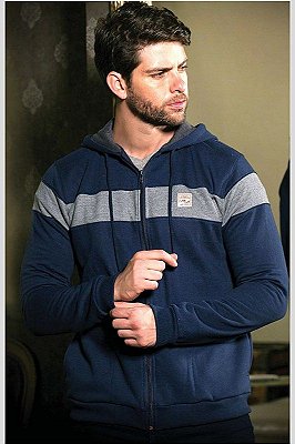 Blusa Moletom Azul com Capuz e Ziper Faixa Cinza Peito 2305