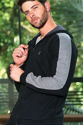 Blusa Moletom Preto com Capuz e Ziper Faixa Preto Braço 2301