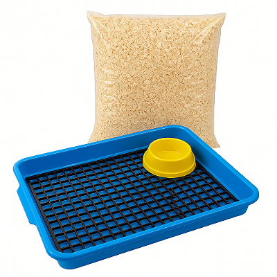 Kit Bandeja Sanitário Saniplus + Serragem e Comedouro Para Mini Coelho Porquinho da India Chinchila Cor Azul