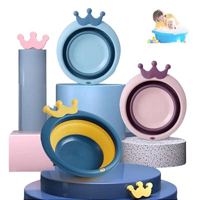 Banheira Para Bebê Recém Nascido Dobrável Retrátil Rígida Resistente Confortável Portátil Redonda Azul Rosa Teu Baby