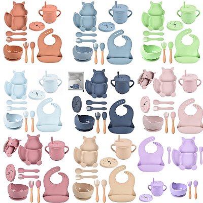 Babador De Silicone Com Acessórios Jarra Talheres Tigela Prato Formato De Esquilo Ajustável Bebes Crianças Pequenas