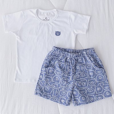 Conj. Camiseta e Bermuda tricoline - Branco com Marinho