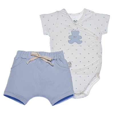 Conj. Body Manga Curta com Shorts - Poá Urso Azul  #SEMANADOBODY