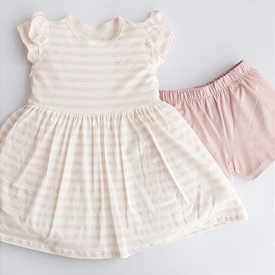 Vestido Manga Curta com Shorts - Listrado Rosê
