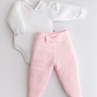 Conj. Body Manga Longa - Laços Rosa