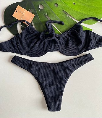 Biquini Preto Texturizado - Meia Taça