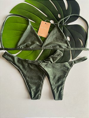 Biquini Verde Militar canelado - Top Fixo e calcinha semi fio