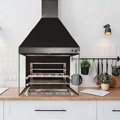Churrasqueira Gourmet Grande Completa Galvanizada (Adicional 1 Capa e 1 Duto) Cor Preta Coifa 3 Águas com Vidros Incolor Lateral 6 espetos Grelha Moeda Suporte Suspenso Exaustor Duto e Capa Preta