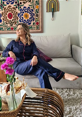 Conjunto Longo Camélia Tricoline Azul Marinho