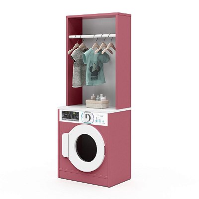 Lavanderia Infantil Diana Máquina Lavar e Cabideiro Branco/Rosa