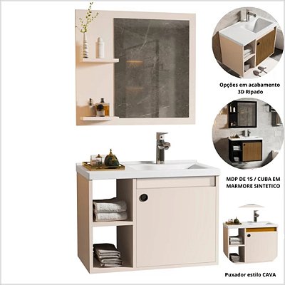 Conjunto Gabinete c/ Espelheira e Cuba p/ Banheiro 60cm Adonis Branco