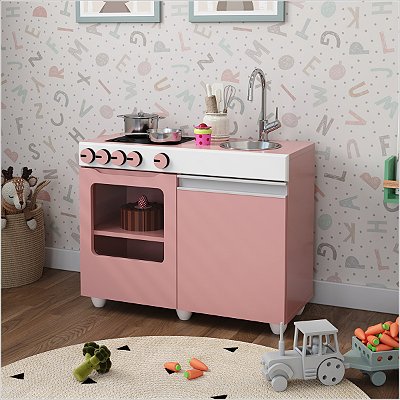 Mini Cozinha Infantil Luli Com Pia e Fogão Rosa e Branco