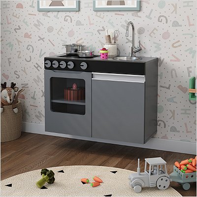 Mini Cozinha Infantil Luli Com Pia e Fogão Cinza e Preto