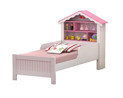 Cama Solteiro Casa Princesa Branco/Rosa