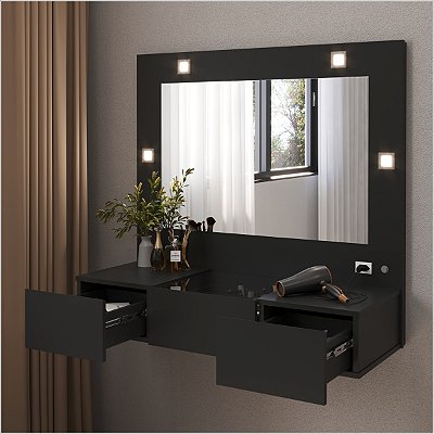 Penteadeira Camarim Suspensa Sofia Preto Acetinado