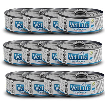 Kit c/ 12 Vet Life Hypoallergenic Pork & Potato Ração Úmida p/ Gatos 85g