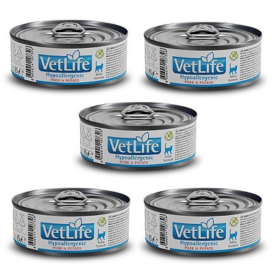Kit c/ 5 Vet Life Hypoallergenic Pork & Potato Ração Úmida p/ Gatos 85g