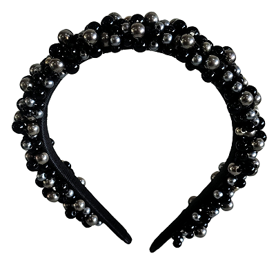 Tiara de Miçangas Pérola Preta e Prata Artesanal – Elegância e Estilo Único