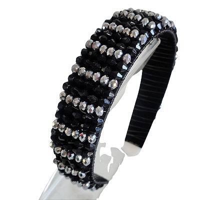 Tiara Preta e Prata com Miçangas Brilhantes – Estilo Feito à Mão