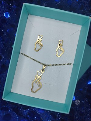 Kit Colar e Brinco Dorameira Aço Inoxidável Dourado Coração Coreano