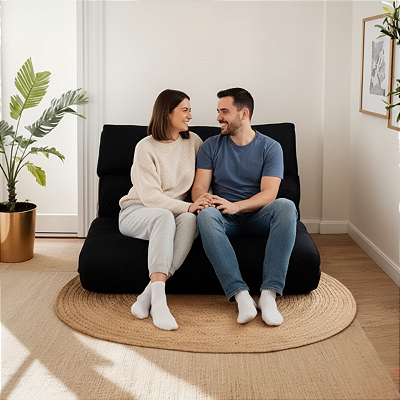 Futon Casal 2 Lugares Sofá Cama Reclinável Sued Azul Profundo 128x188cm - Espuma Hiper Soft e Fibras -Lavável em Máquina