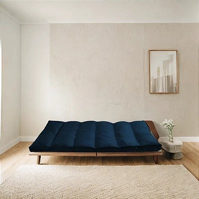 Futon Casal 2 Lugares Sofá Cama Reclinável Sued Azul Profundo 128x188cm -Lavável em Máquina