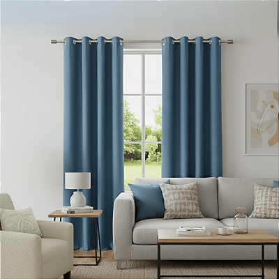 Cortina Linho Dupla Face Quarto Sala e Escritótio Azul Alto Padrão 300x220cm Ilhós Prata Lavável em Máquina