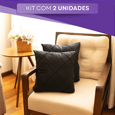 Capa Almofadas Preta Sued Drapeada Aveludado Dupla Face 45x45cm Ziper Invisível Alto Padrão