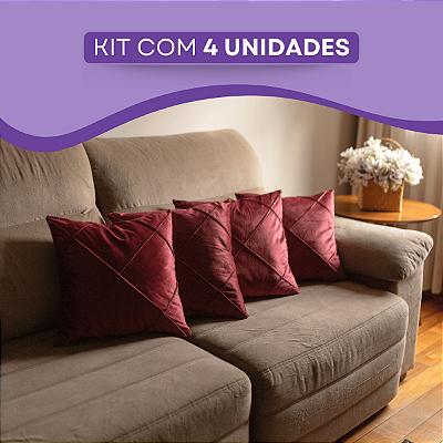 Kit 4 Capas Almofadas Vinho Sued Drapeada Aveludado Dupla Face 45x45cm Ziper Invisível Alto Padrão