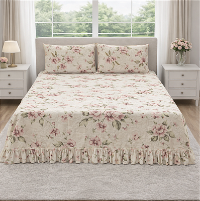 Colcha Lençol Queen 3 Peças com Babado Micropercal Toque Algodão - Capa Travesseiro Veste Fácil com Ziper Parte Maior