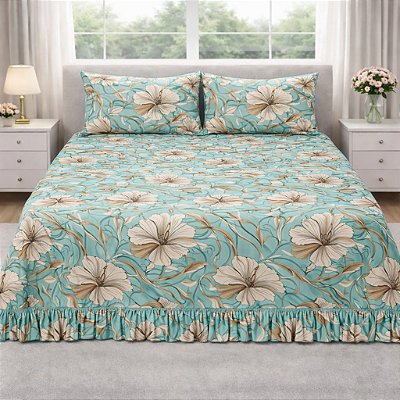 Colcha Lençol Casal 3 Peças com Babado Micropercal Toque Algodão - Capa Travesseiro Veste Fácil com Ziper Parte Maior