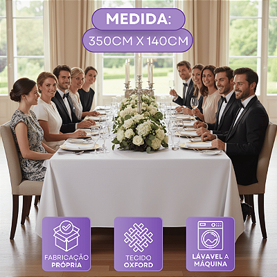 Toalha de Mesa 12 Lugares Retangular 350x150cm em Tecido Oxford com Barrinha Reta