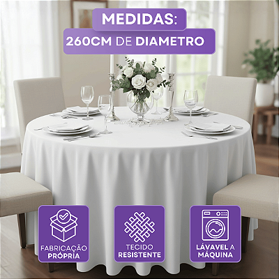 Toalha de Mesa Redonda 8 Lugares 260cm Diâmetro em Tecido Oxford com Barrinha Reta