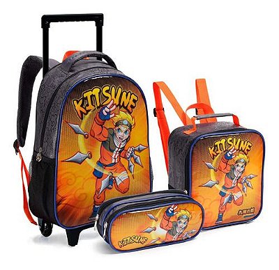 Kit Mochila Masculino Escola Infantil Rodinha Desenho Do Tecido Kitsune