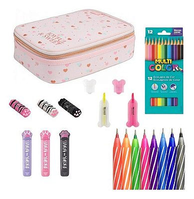 Kit Estojo Box Académie + Canetas + Borracha + Lápis De Cor