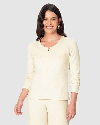 Blusa Feminina Decote Duplo V Manga Longa Em Moletom Linho 1000134530