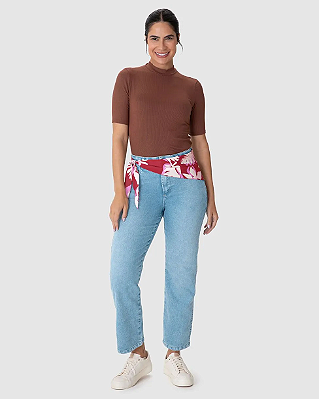 Calça Feminina Reta Cropped Com Lenço Estampado Em Jeans Stretch 1000134223