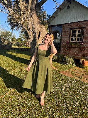 Vestido Celine Manga Curta Verde Musgo
