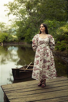 Vestido Mary Manga Longa Toile de Jouy Cherry