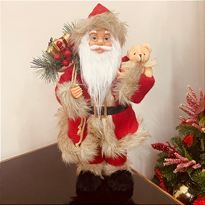 Papai Noel Urso c/ Laço Dourado 45cm