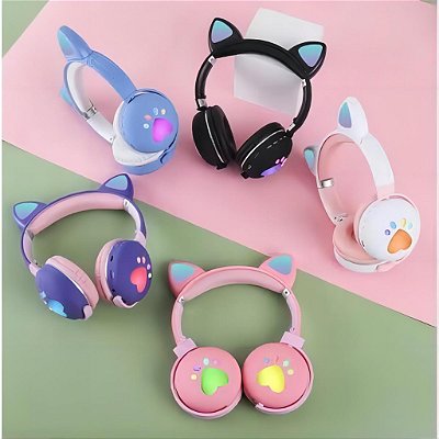 Fone de Ouvido Bluetooth de gatinho com Luz LED Colorido P2 Sem Fio Dobrável Infantil Criança