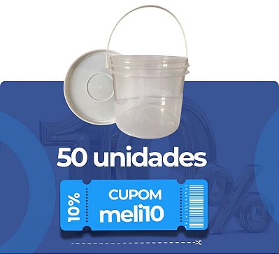Balde 2.2 Litros Transparente com Tampa Branca Lacre e Alça Plástica Atóxico - Kit 50 Peças