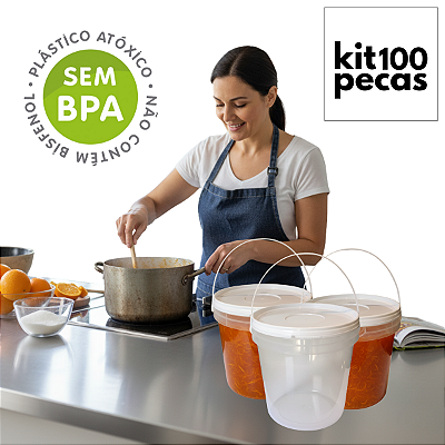 Balde 3.2 Litros Transparente com Tampa Branca Lacre e Alça Plastico Atoxico BPA Free - Kit 100 Peças